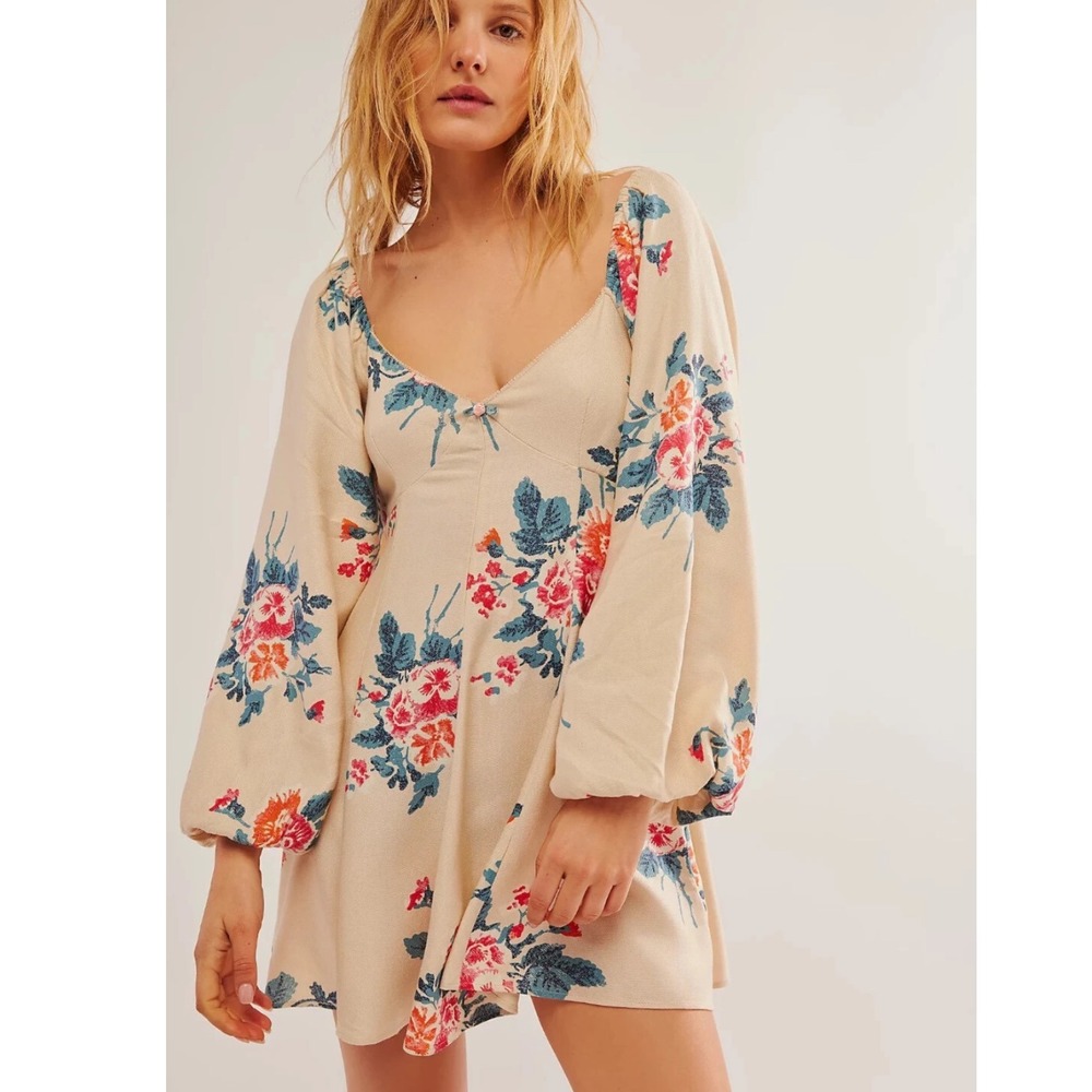 Free People Floral Print Puff Sleeve Mini Dress Beige Blue Pink Size XL - Picture 1 of 12